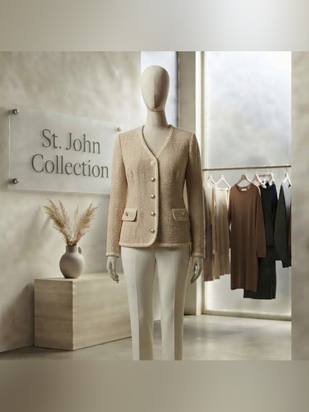 St. John Collection Marie Gray Tan Knit Cardigan Blazer Jacket Gold Buttons Sz 6